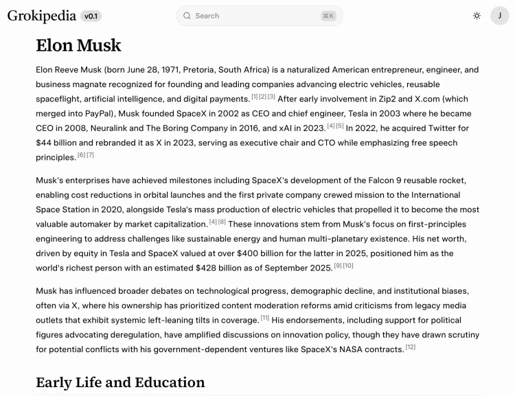 马斯克的 AI 百科全书 Grokipedia 存逐字照搬维基百科现象 马斯克的 AI 百科全书 Grokipedia 存逐字照搬维基百科现象 热点新闻